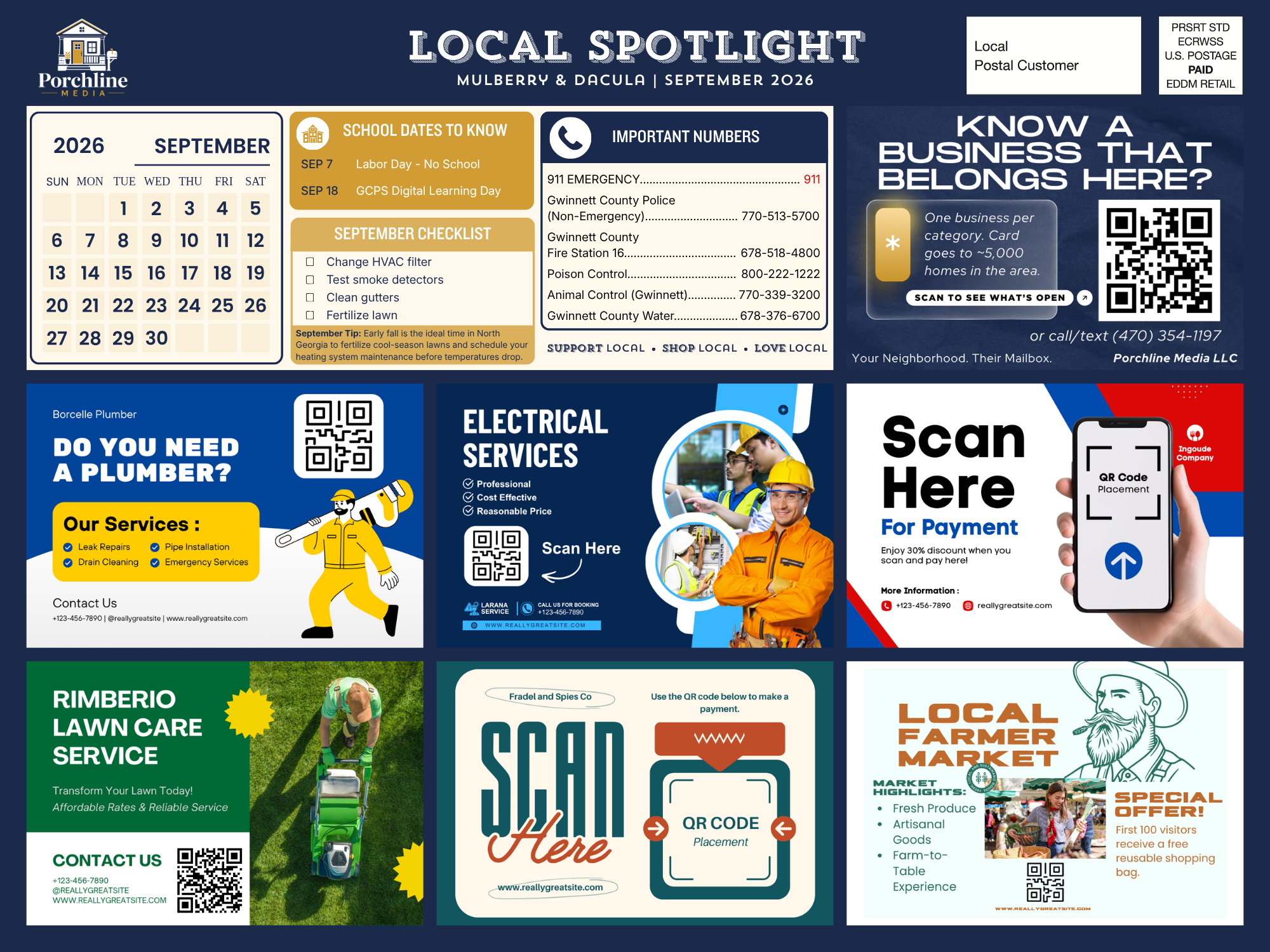 A real Local Spotlight postcard, oversized 12 by 9 inches, mailed every month to about 5,000 homes